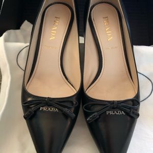 Prada black leather bow 2” heel